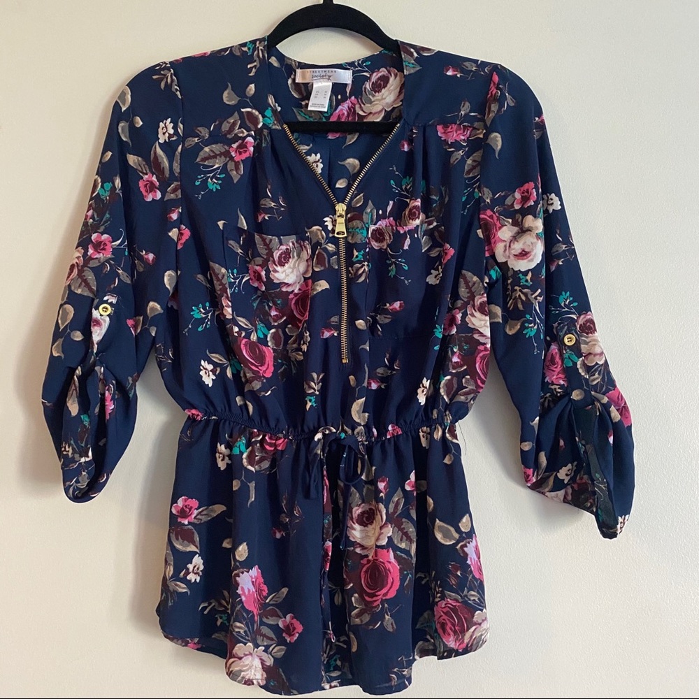 SWS Floral Flowy Peplum Blouse with 1/2-Zip Front